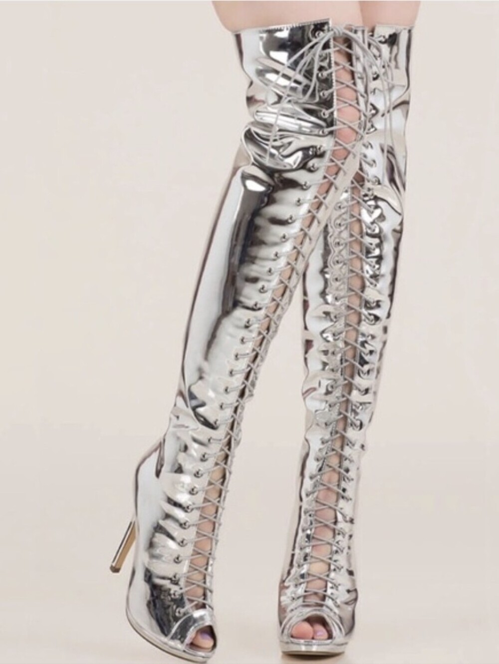 Liliana Silver Metallic Metallic Thigh High Lace Up Peep Toe Stiletto Boots 9